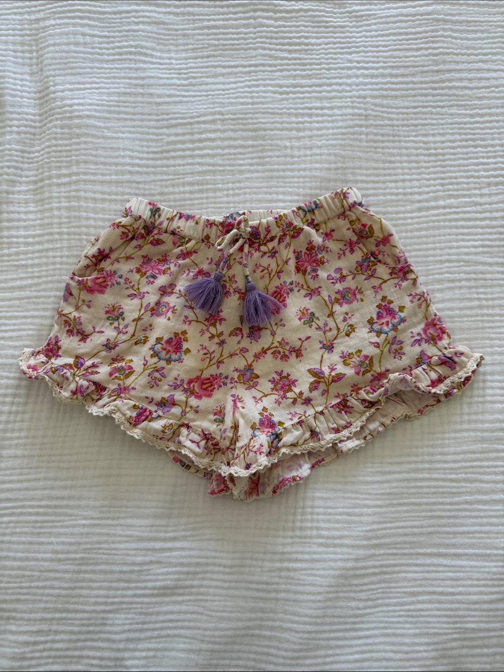 Floral Ruffle Skort with Purple Tassel Drawstring - Women